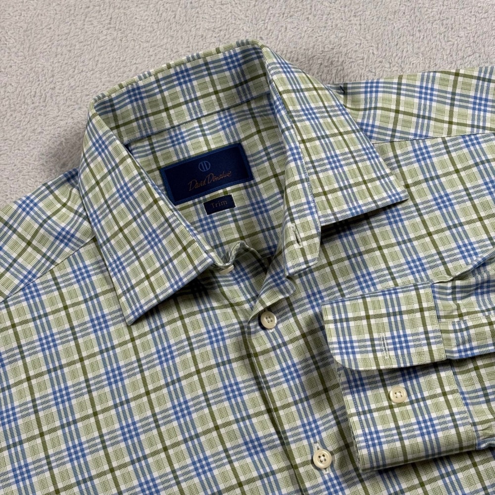 David Donahue Mens Trim Fit Dress Shirt Green Blue Plaid 100% Cotton 15 34/35 L